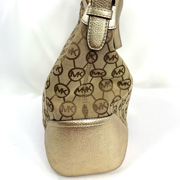 Michael Kors Millwork Tan Brown Canvas Signature Large Shoulder Bag Gold Leather - Picture 6 of 11